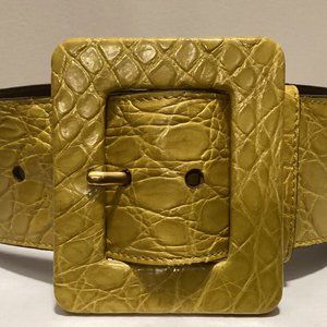 YSL Mustard Yellow Croc Embossed Wide Leather Belt XS/S